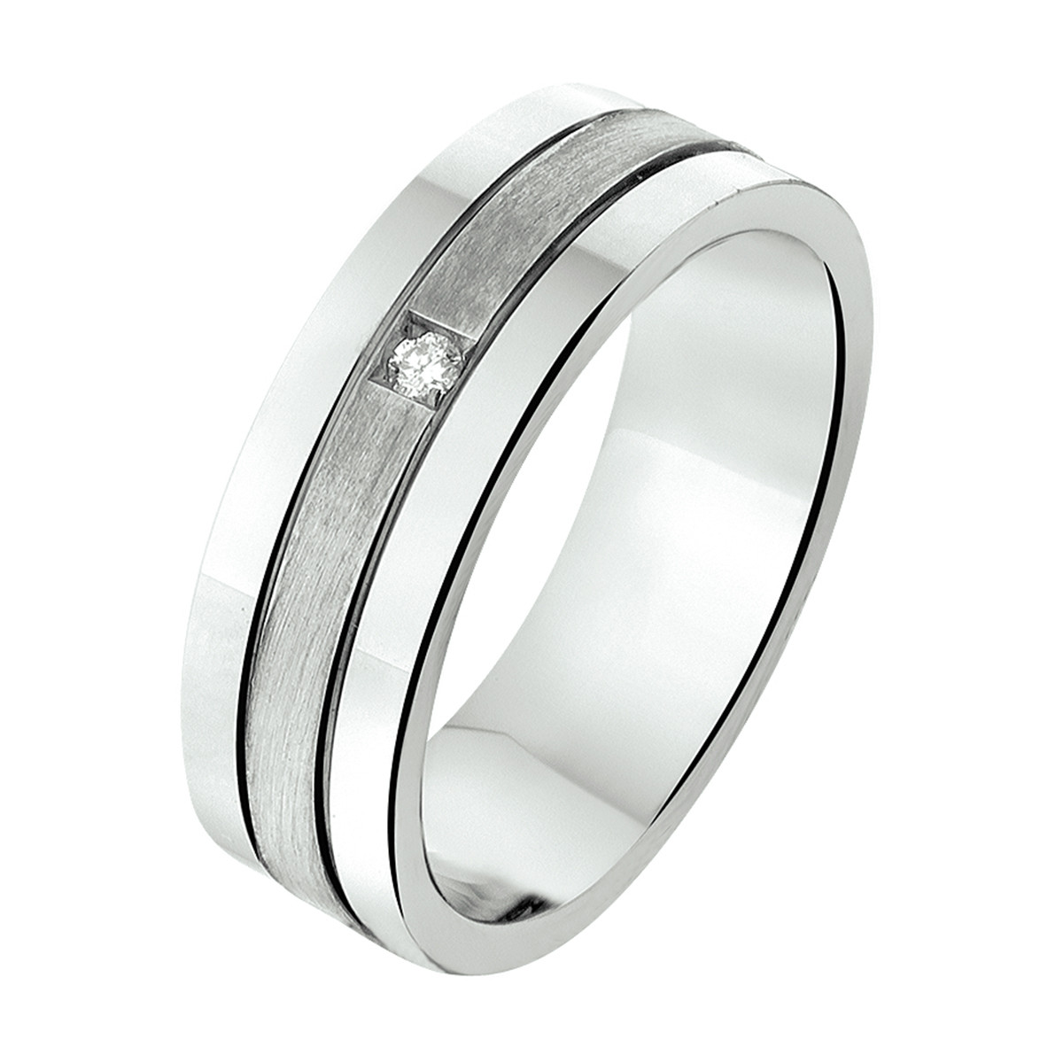 Zilveren mat glanzende ring met diamant 0.02 crt in vierkante zetting 6 mm breed