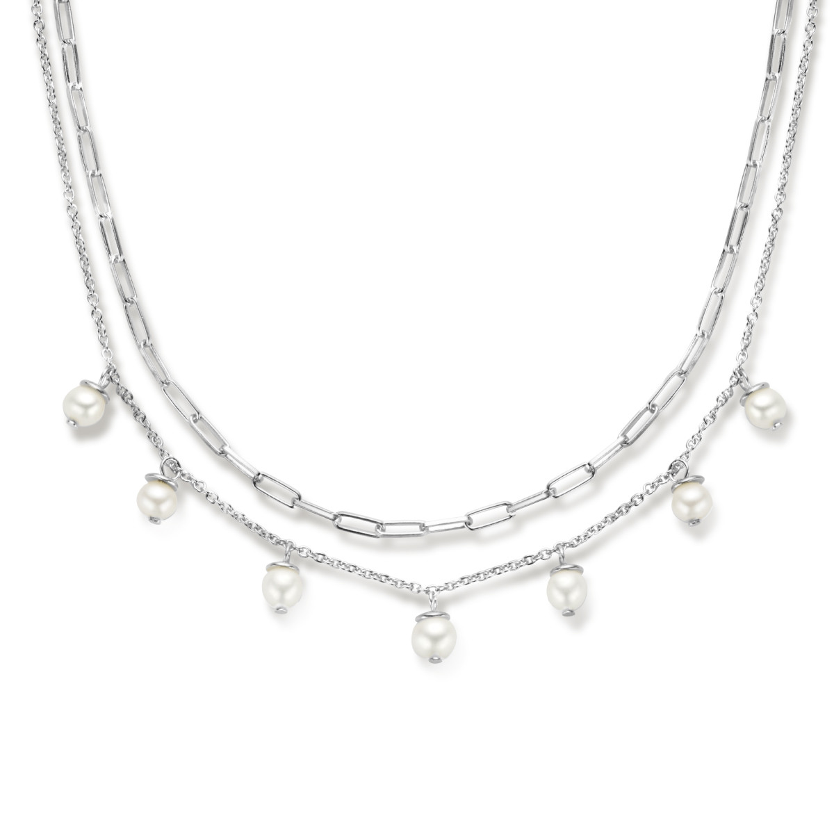 Zilveren multi-collier met parels en paperclip schakel - Lengte 42 + 3 cm