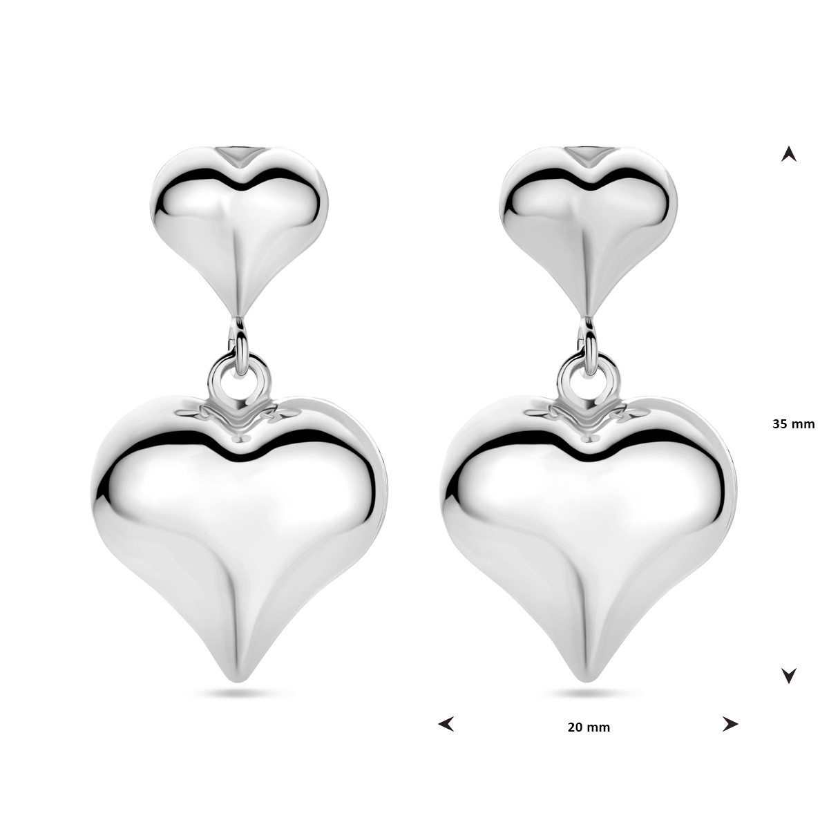 Zilveren oorhangers hartje glanzend – 35 mm x 20 mm