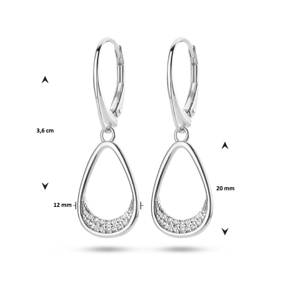 Zilveren oorhangers in druppelvorm met zirkonia's - 36 x 12 mm