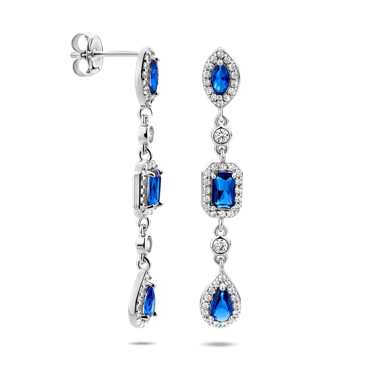 Zilveren oorhangers met blauwe en transparante zirkonia's - 39 x 5.5 mm