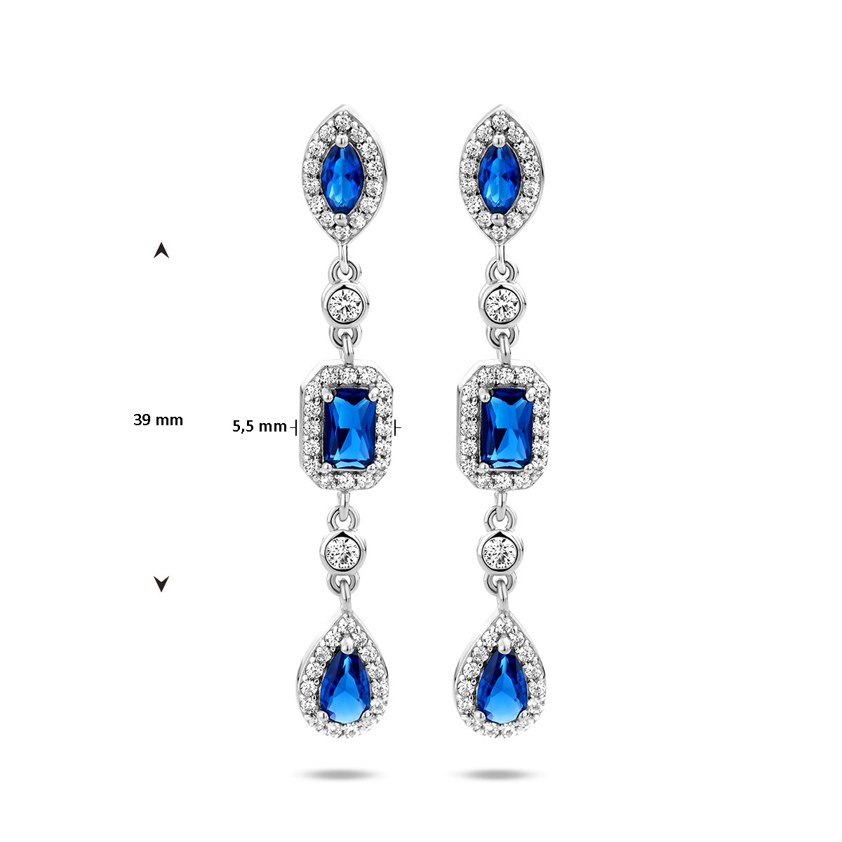 Zilveren oorhangers met blauwe en transparante zirkonia's - 39 x 5.5 mm
