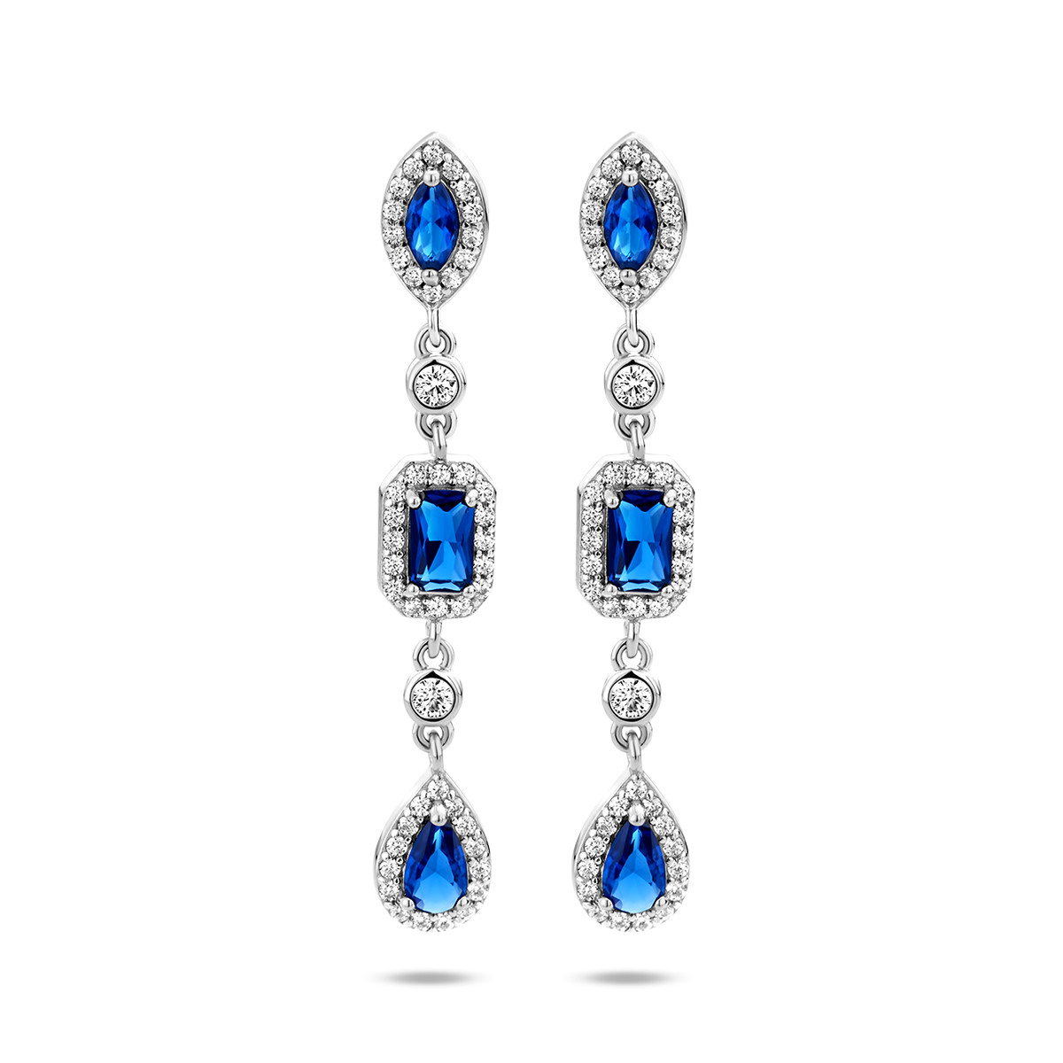 Zilveren oorhangers met blauwe en transparante zirkonia's - 39 x 5.5 mm