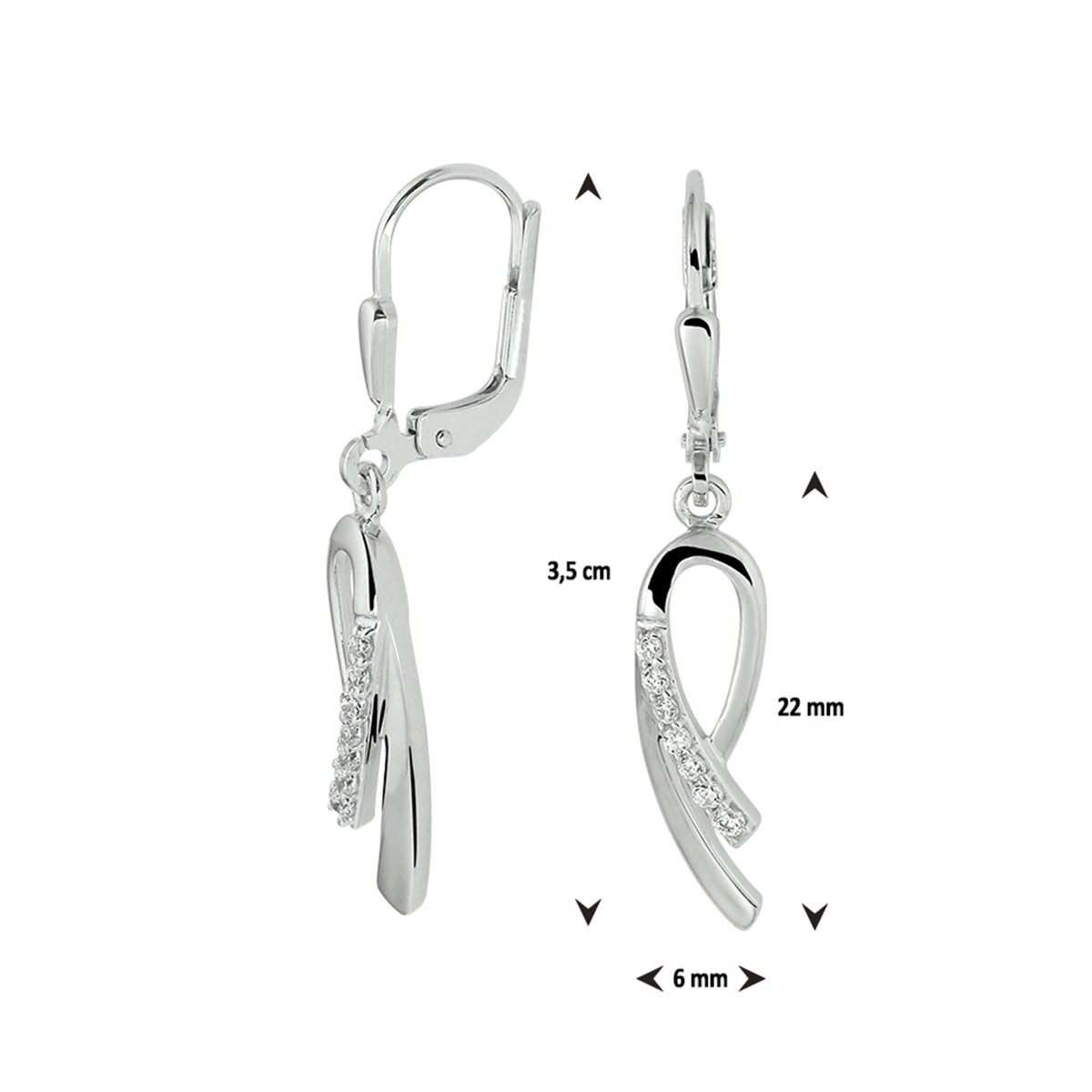 Zilveren oorhangers met briljant geslepen zirkonia 6 mm breed - Hoogte 35 mm