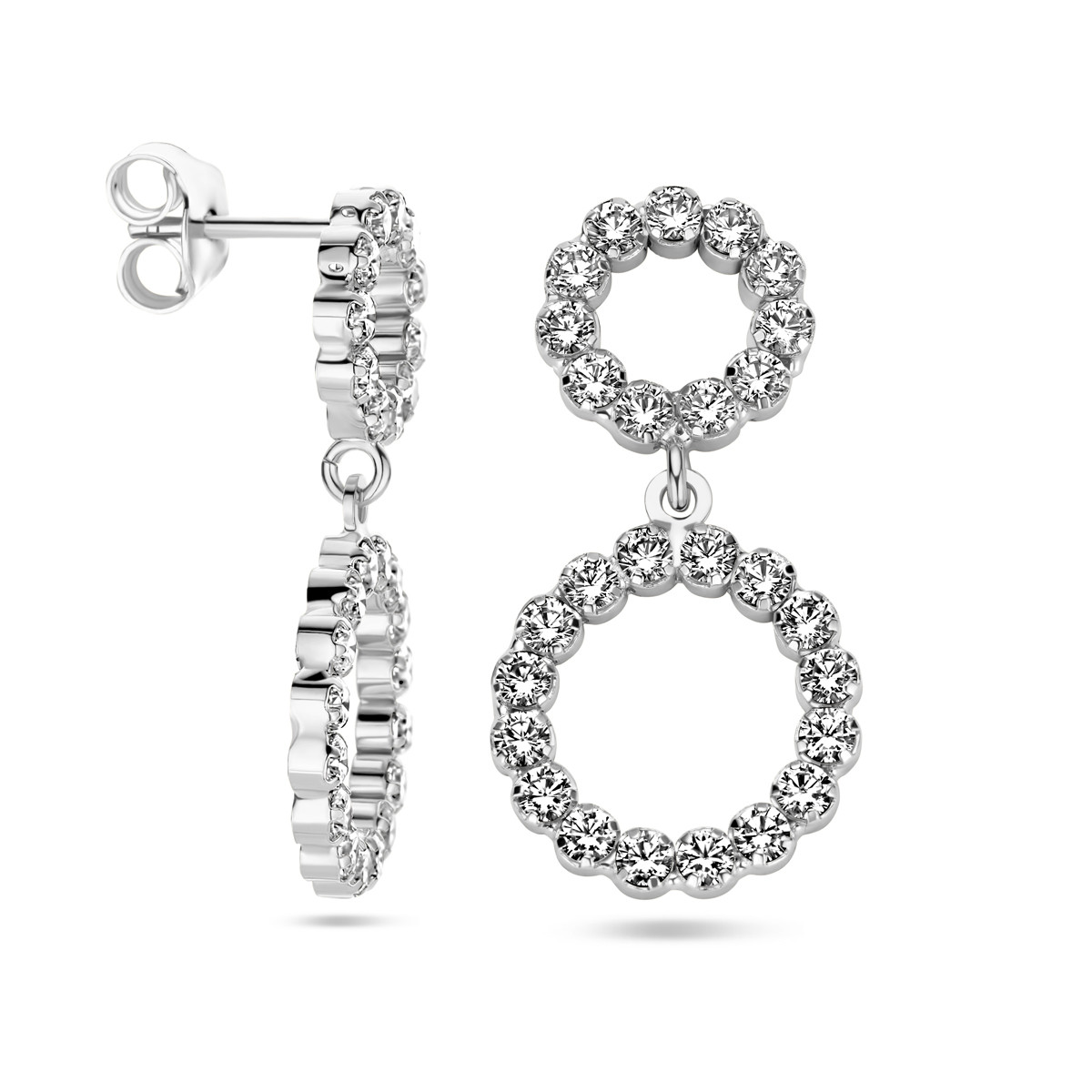 Zilveren oorhangers met cirkels en Swarovski kristallen - Hoogte 27 mm