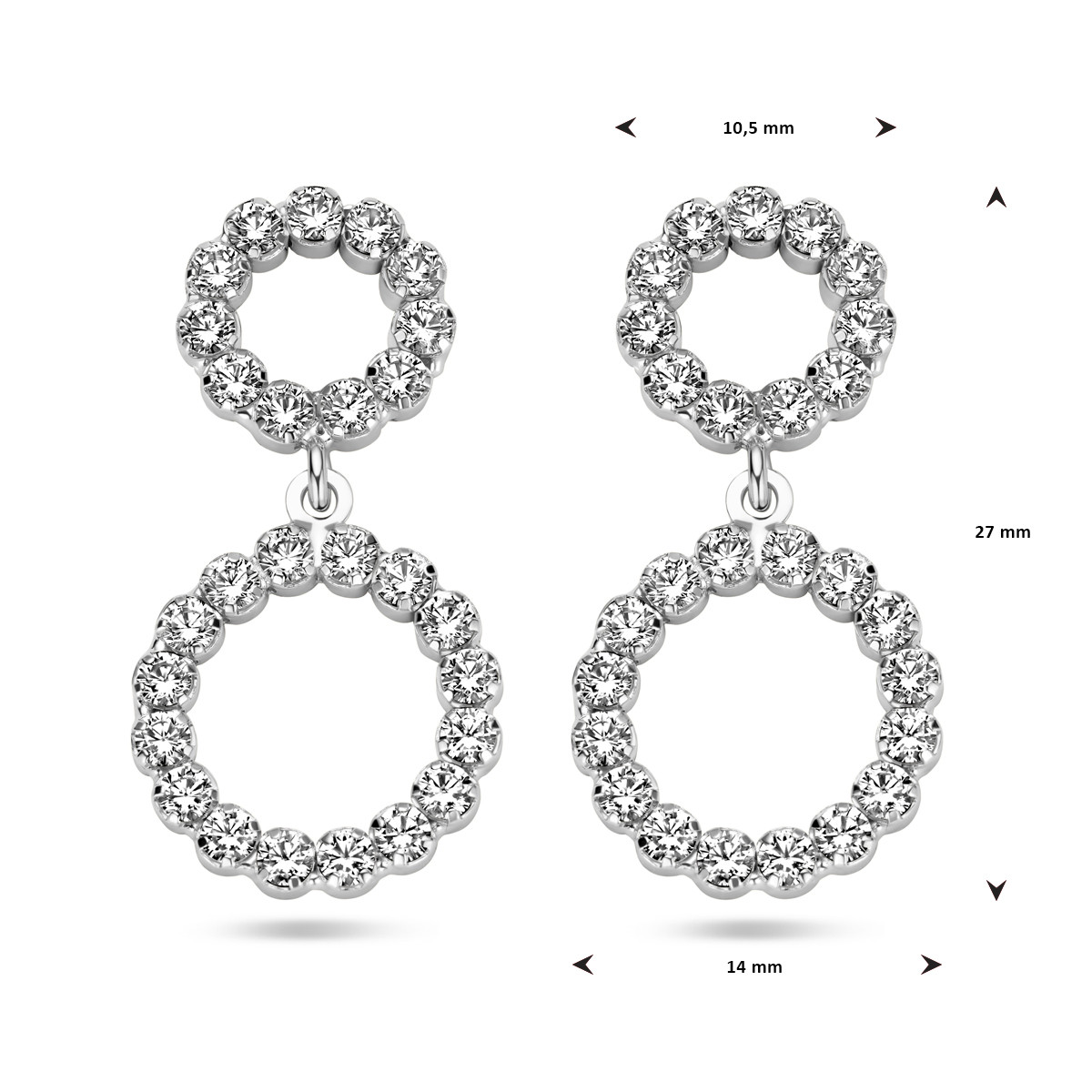 Zilveren oorhangers met cirkels en Swarovski kristallen - Hoogte 27 mm