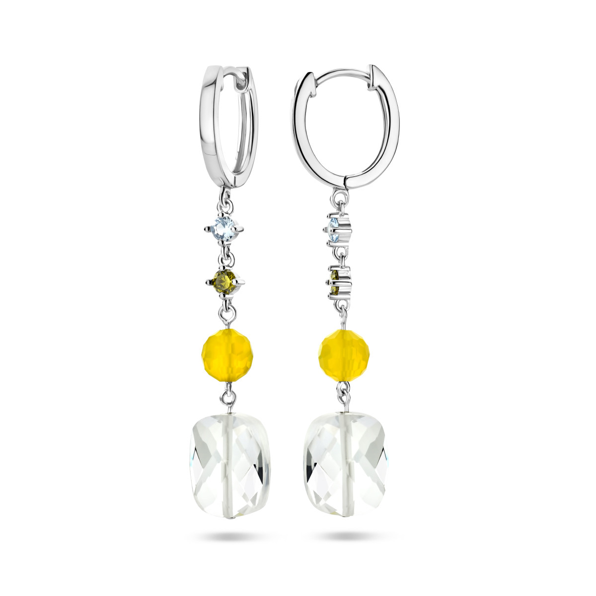Zilveren oorhangers met gele en transparante kleurstenen en zirkonia's - 50 mm