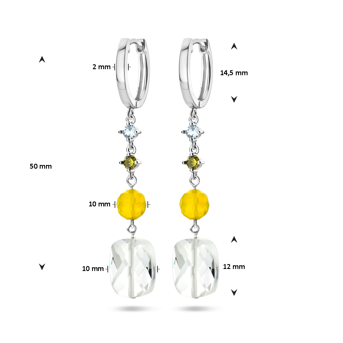 Zilveren oorhangers met gele en transparante kleurstenen en zirkonia's - 50 mm