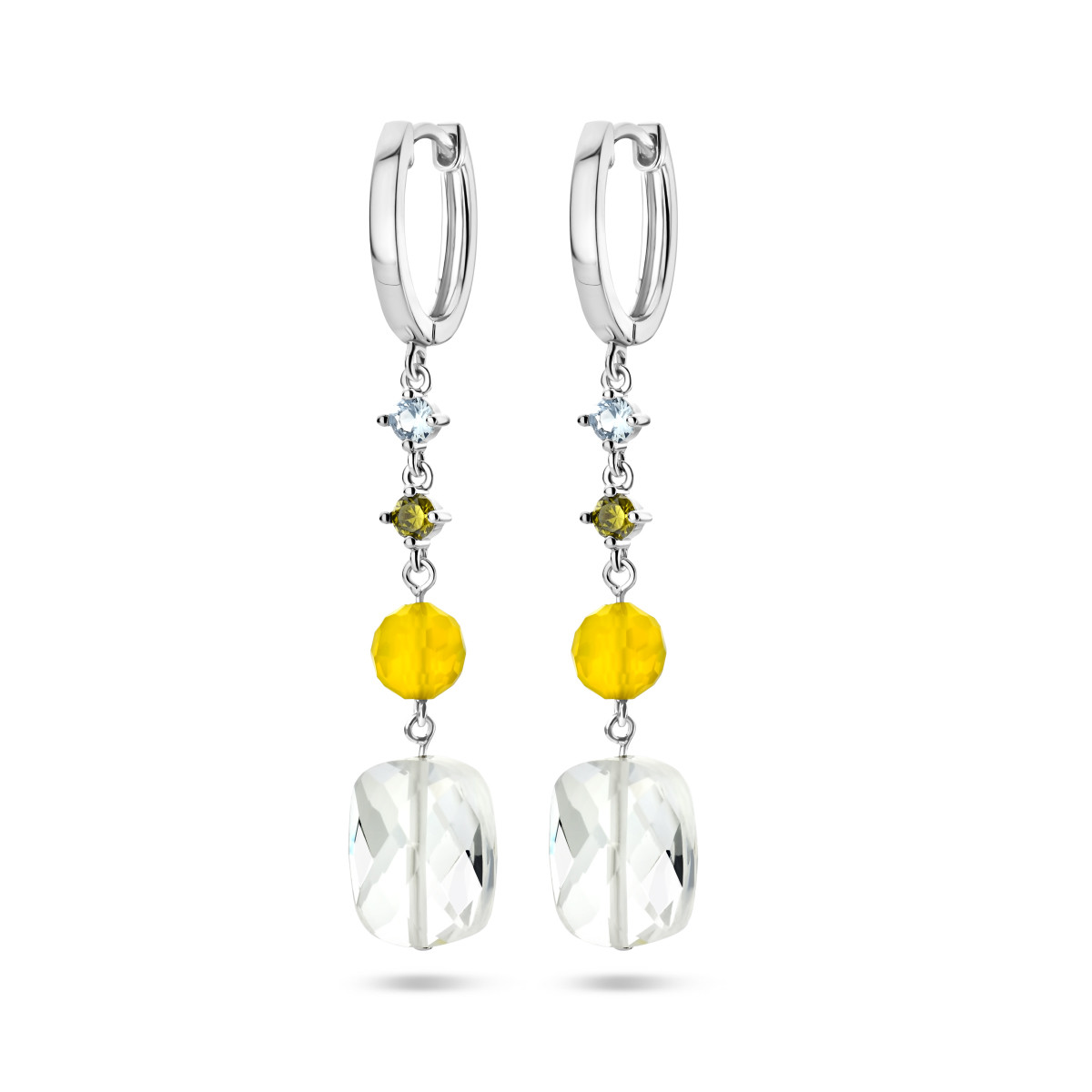 Zilveren oorhangers met gele en transparante kleurstenen en zirkonia's - 50 mm