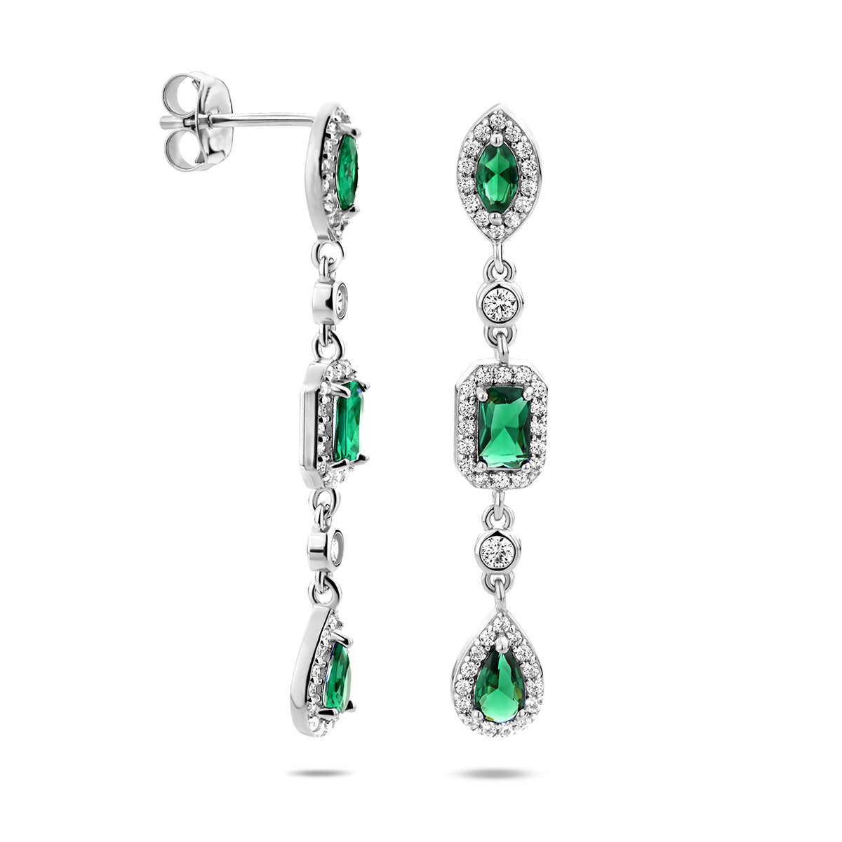 Zilveren oorhangers met groene en transparante zirkonia's - 39 x 5.5 mm