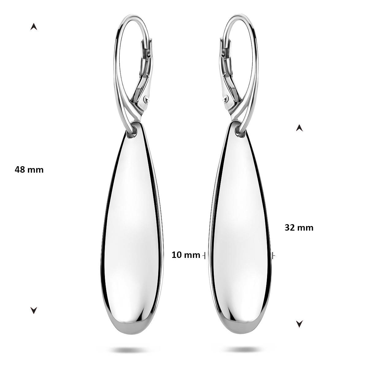 Zilveren oorhangers met grote glanzende druppel 10 mm breed - Hoogte 48 mm