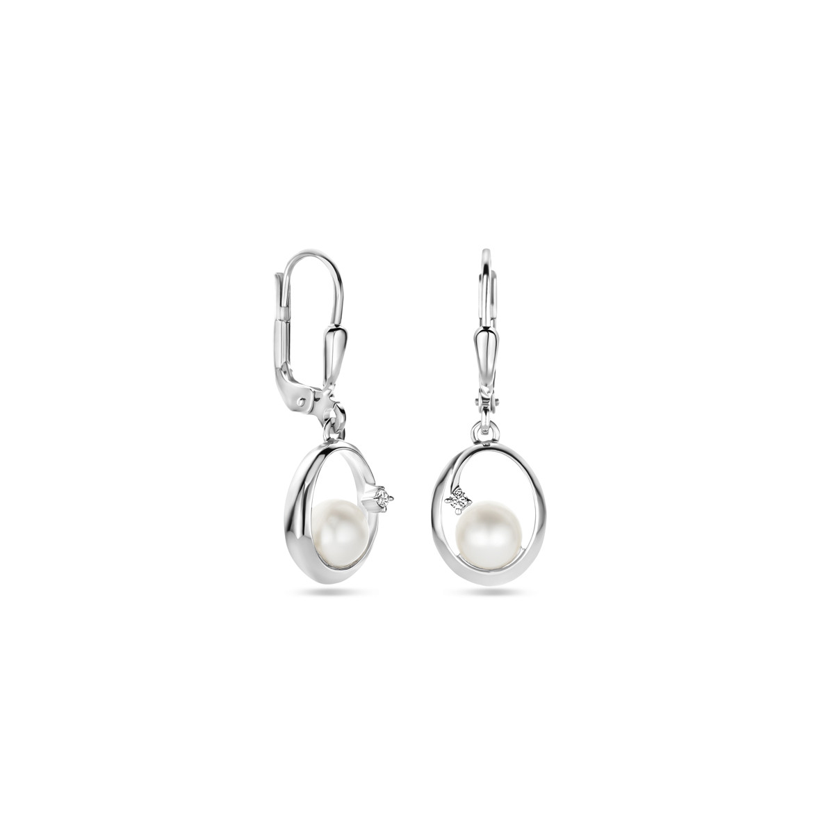 Zilveren oorhangers met ovalen, parels en zirkonia's - Hoogte 27 mm