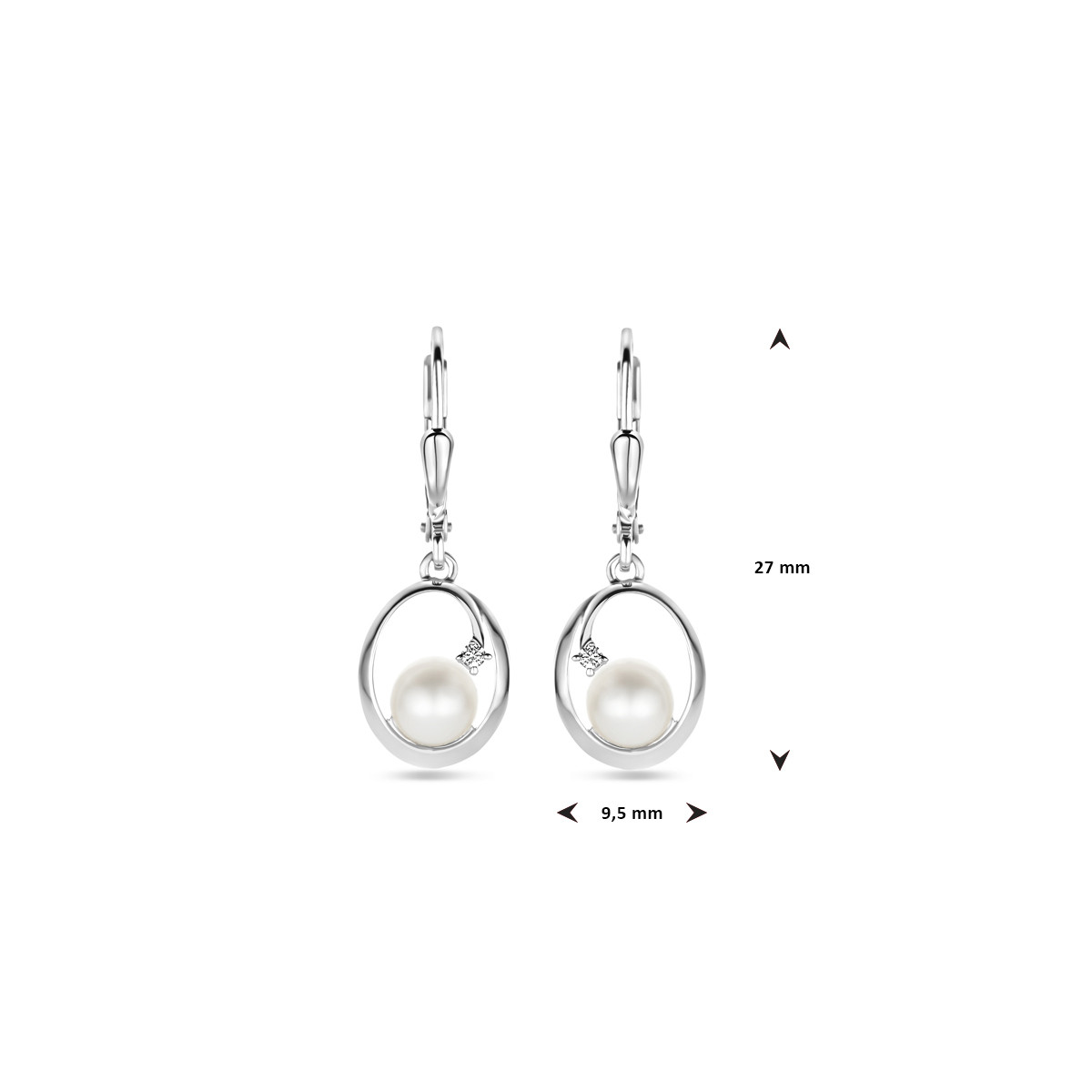 Zilveren oorhangers met ovalen, parels en zirkonia's - Hoogte 27 mm