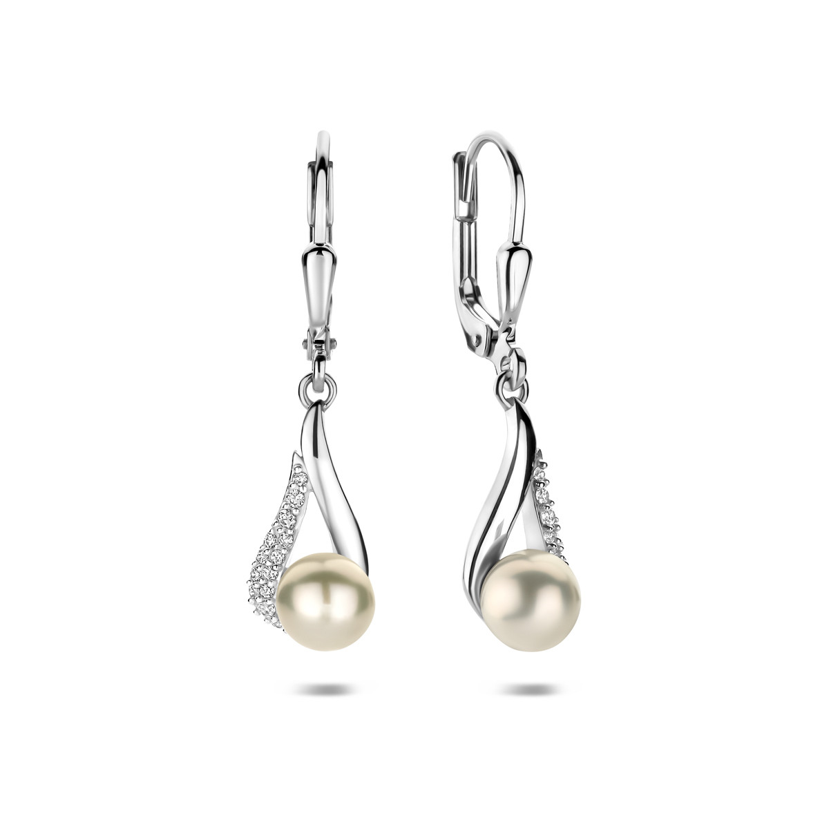 Zilveren oorhangers met parel en zirkonia's in druppel 7 mm breed - Hoogte 30 mm
