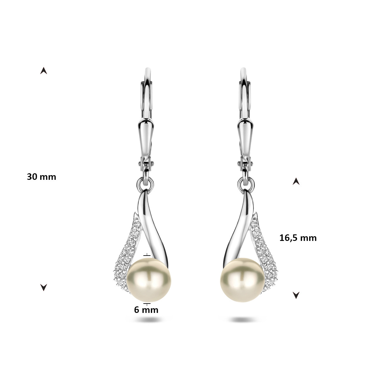 Zilveren oorhangers met parel en zirkonia's in druppel 7 mm breed - Hoogte 30 mm