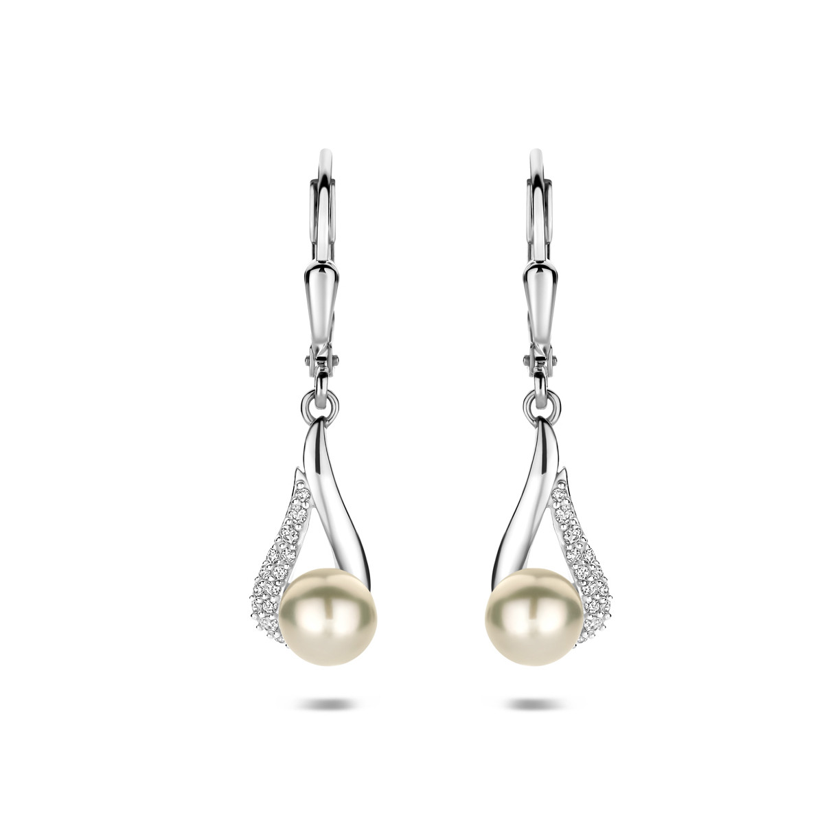 Zilveren oorhangers met parel en zirkonia's in druppel 7 mm breed - Hoogte 30 mm
