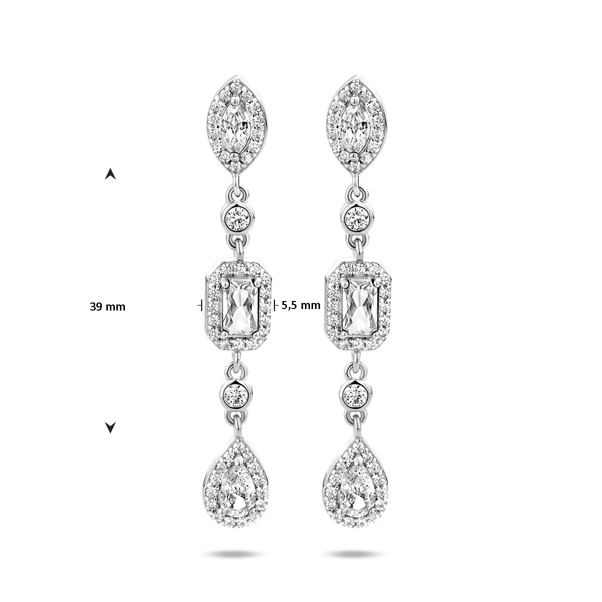 Zilveren oorhangers met prachtige zirkonia's - 39 x 5.5 mm