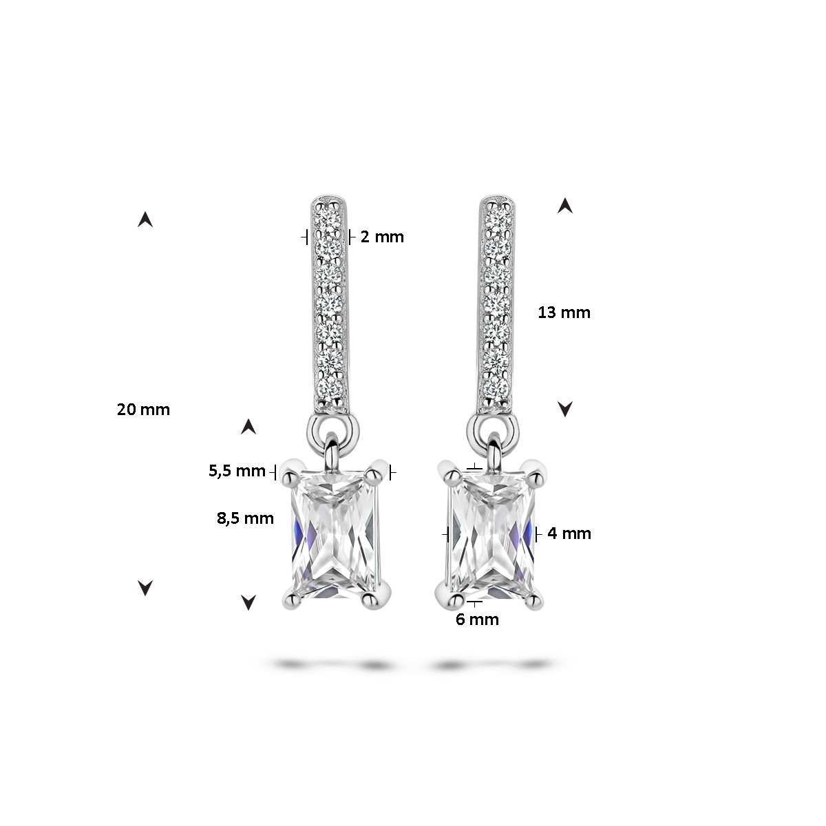 Zilveren oorhangers met transparante zirkonia en glanzende afwerking - Hoogte 20 mm
