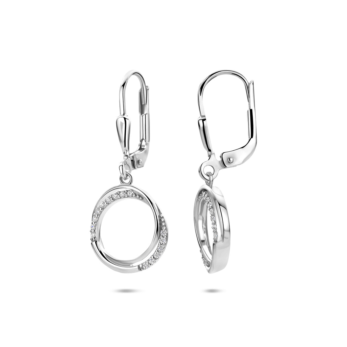 Zilveren oorhangers met transparante zirkonia in cirkelvormige rijzetting - Hoogte 27 mm