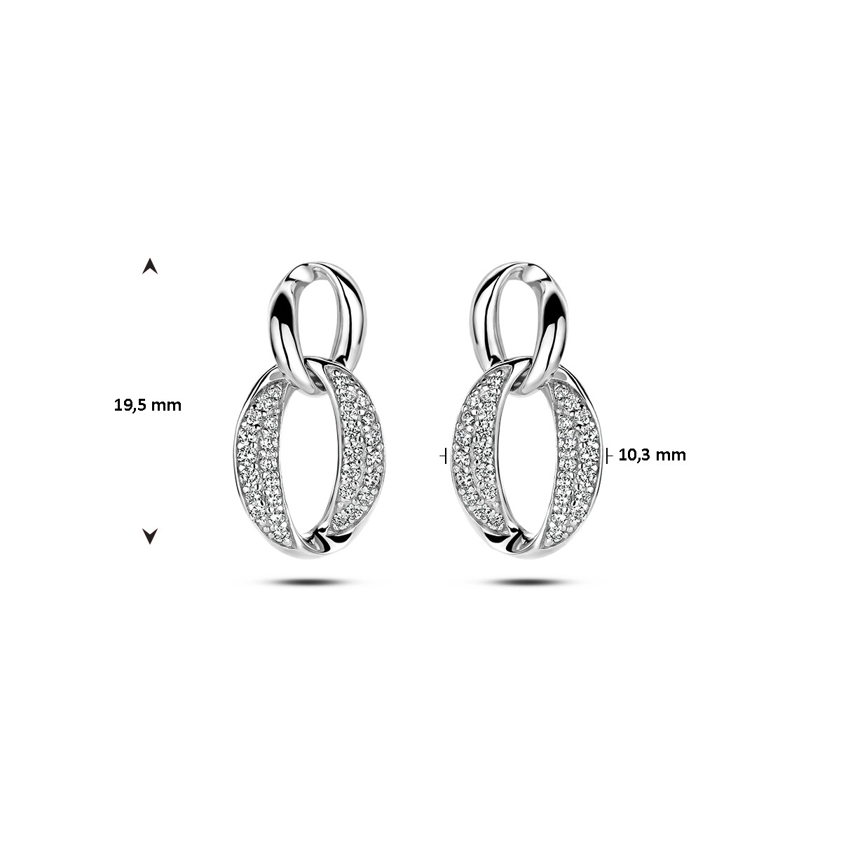 Zilveren oorhangers met twee in elkaar geweven ovale schakels en zirkonia's - 10.5 mm x 19.5 mm