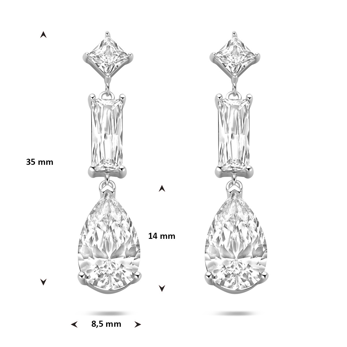 Zilveren oorhangers met vierkante rechthoekige en druppel vormige zirkonia steen - Hoogte 35 mm