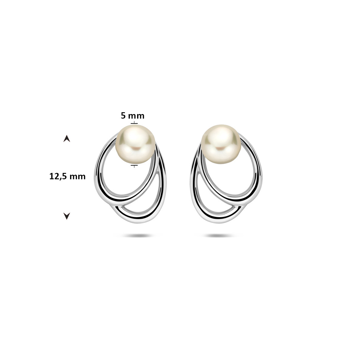 Zilveren oorknopjes met asymmetrische ovalen en zoetwaterparel - Hoogte 12.5 mm
