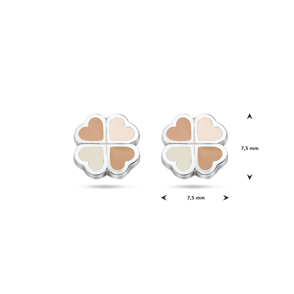 Zilveren oorknopjes met parelmoer hartjes en klavertjes vier - Diameter 7.5 mm