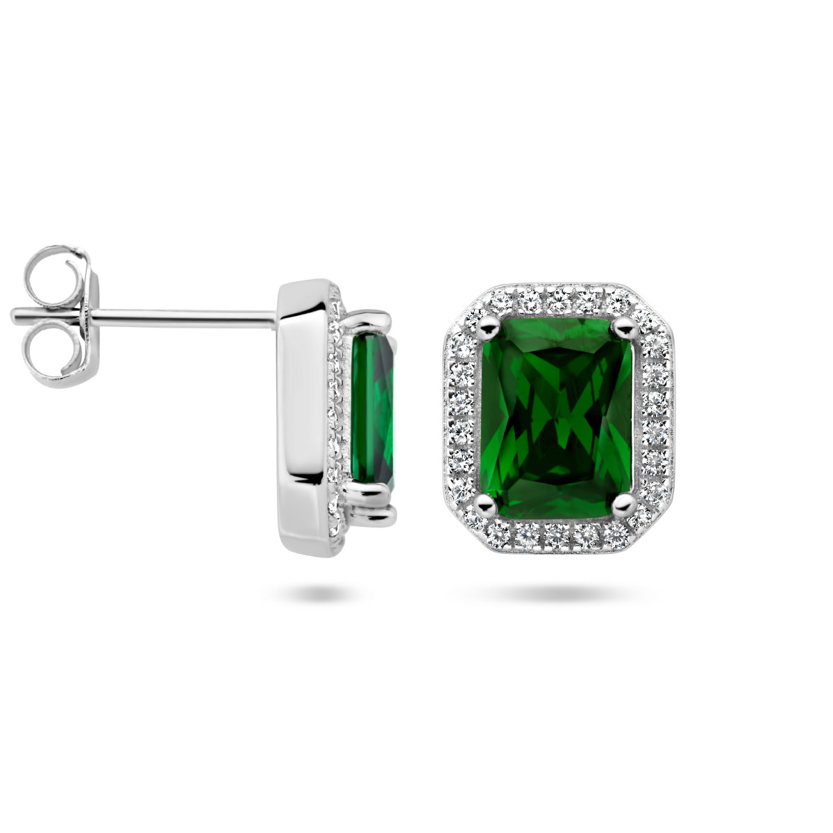 Zilveren oorknoppen met groene en transparante zirkonia's - 11 x 9.5 mm
