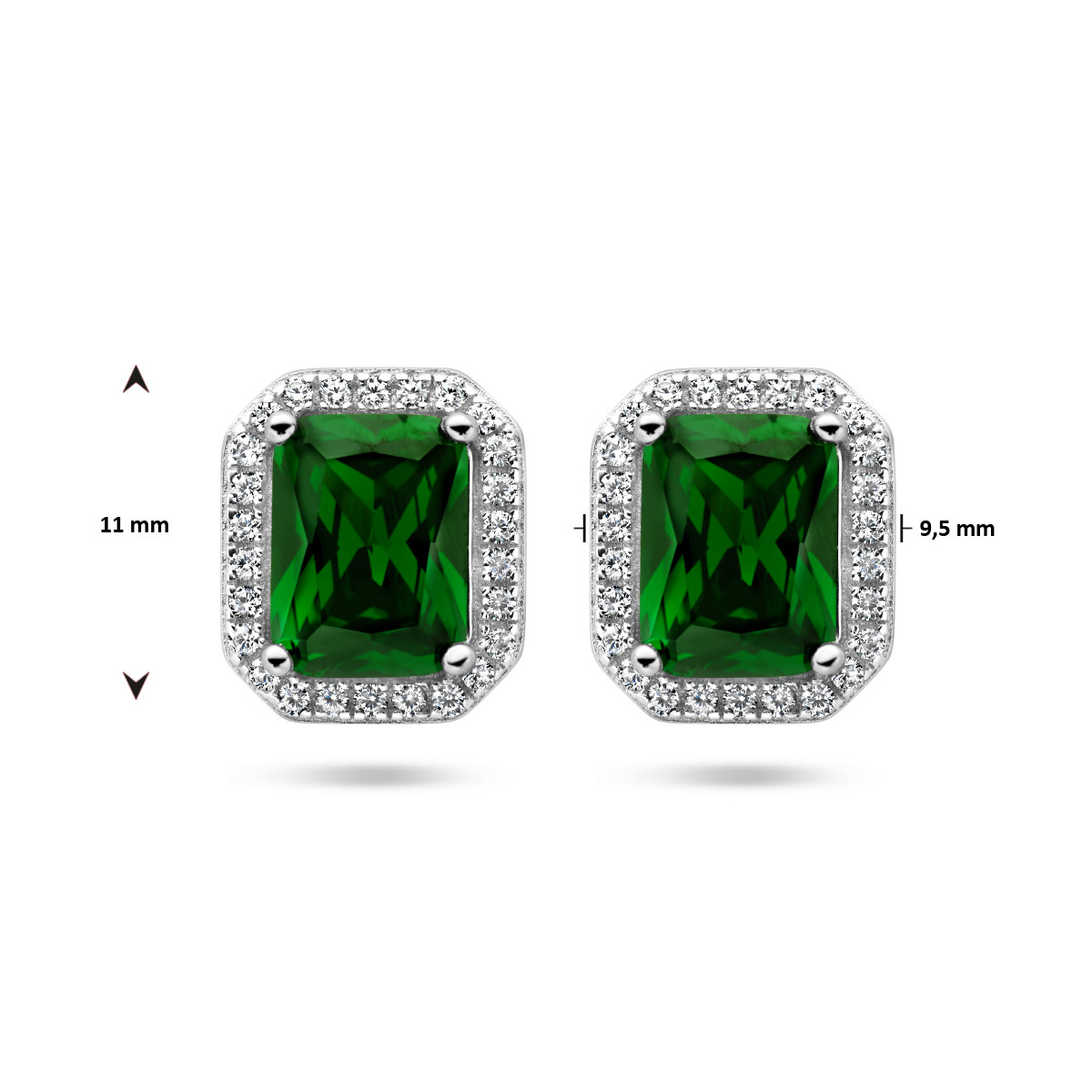 Zilveren oorknoppen met groene en transparante zirkonia's - 11 x 9.5 mm