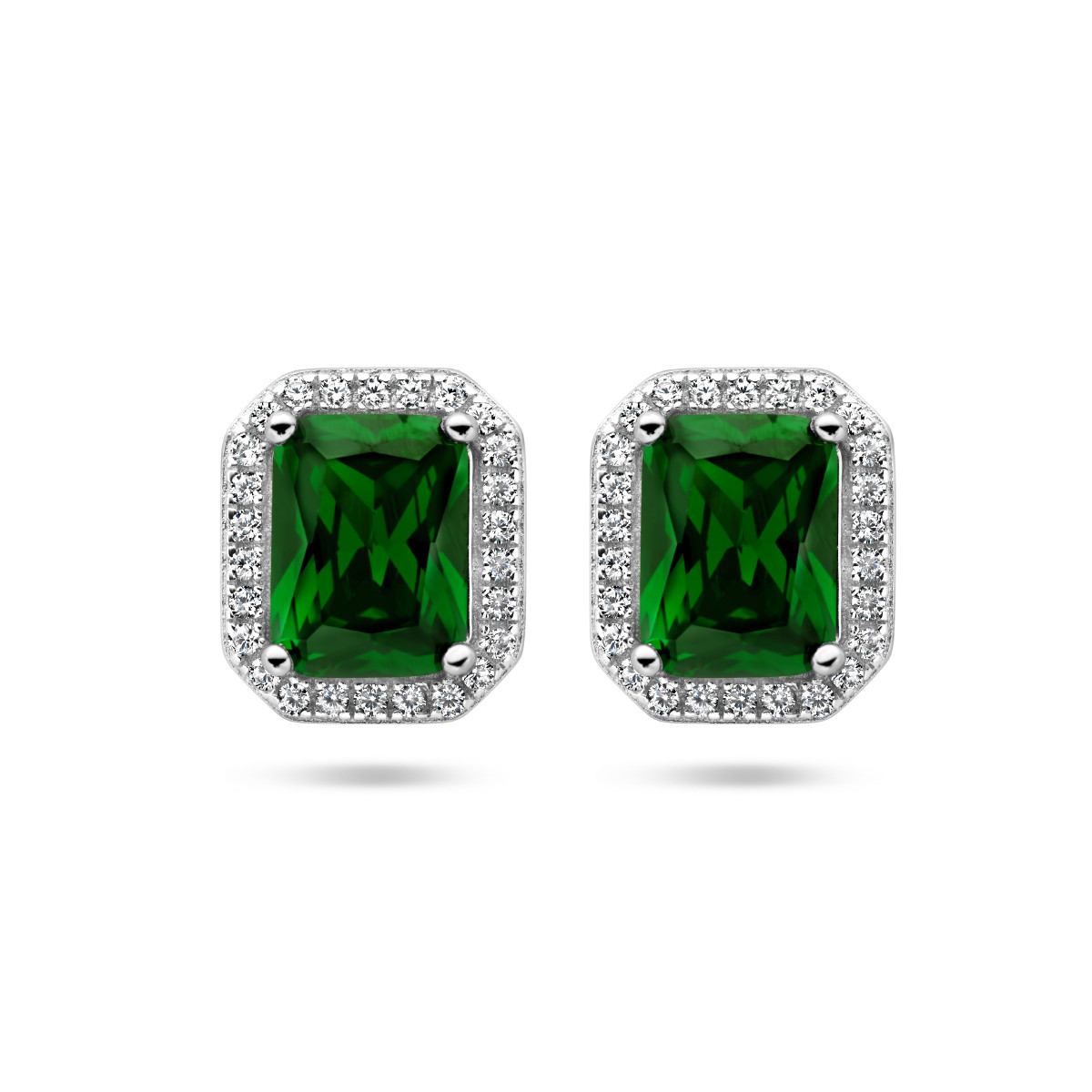 Zilveren oorknoppen met groene en transparante zirkonia's - 11 x 9.5 mm