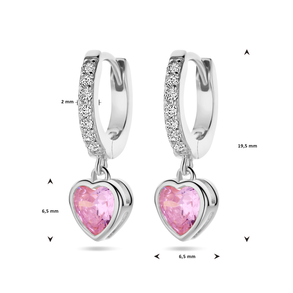 Zilveren oorringen met hartvormige roze zirkonia en transparante zirkonia's - Hoogte 19.5 mm