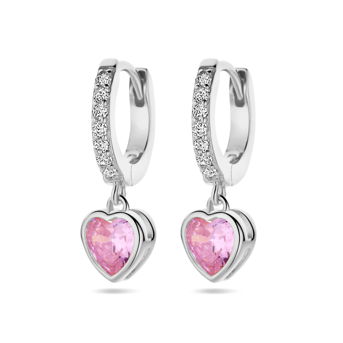 Zilveren oorringen met hartvormige roze zirkonia en transparante zirkonia's - Hoogte 19.5 mm