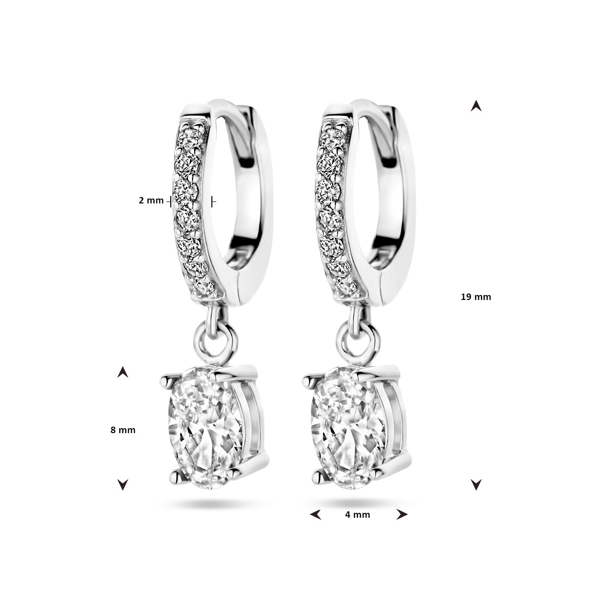 Zilveren oorringen met ovale zirkonia hangers en glanzende afwerking - Hoogte 19 mm