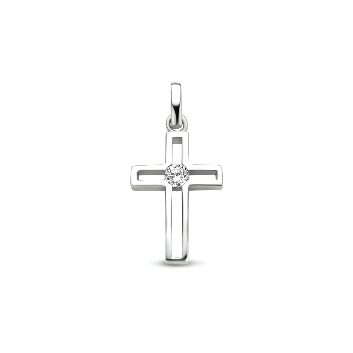 Zilveren opengwerkte kruis hanger met zirkonia - 23 x 11.5 mm
