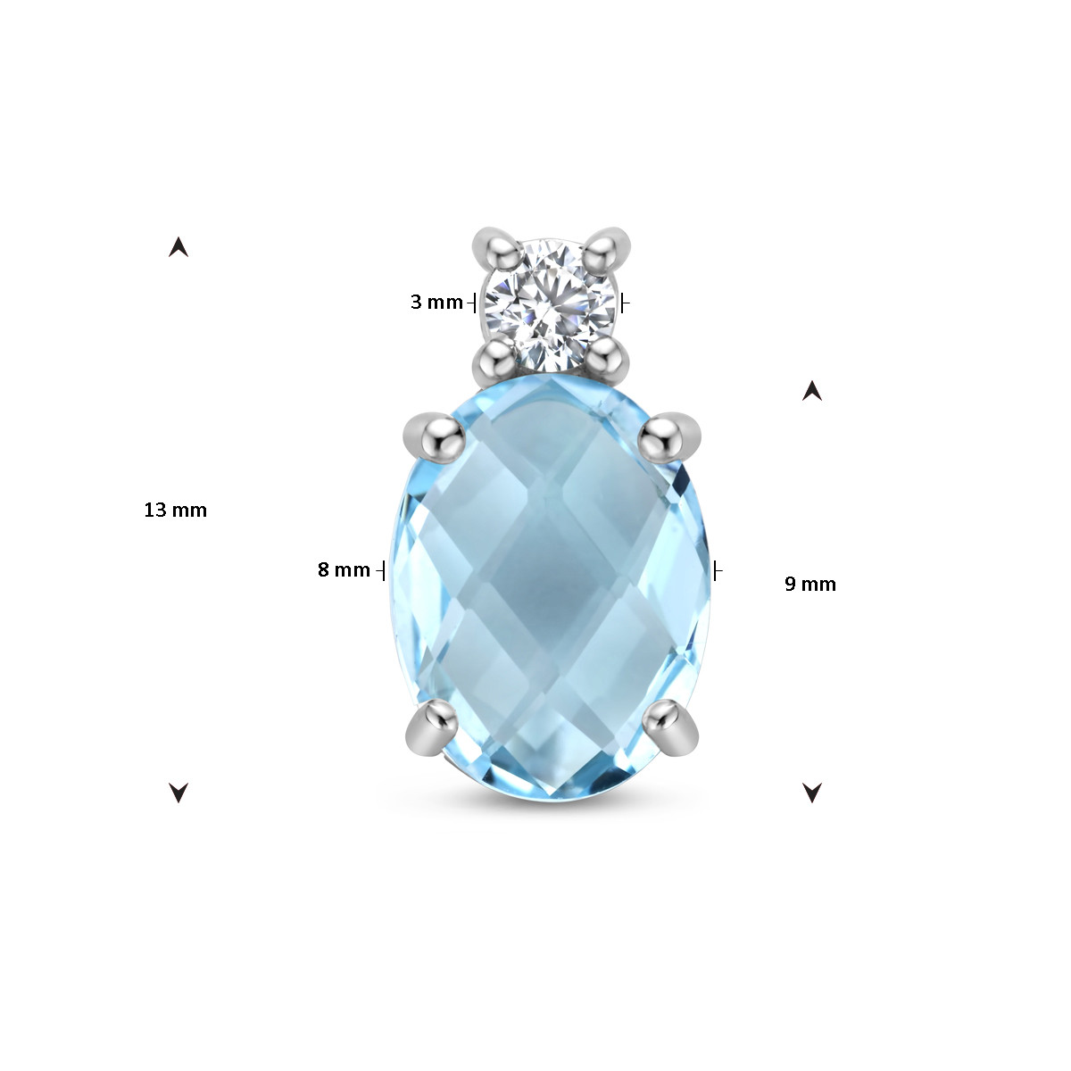 Zilveren ovale hanger met blauwe topaas en zirkonia - 8 mm x 13 mm