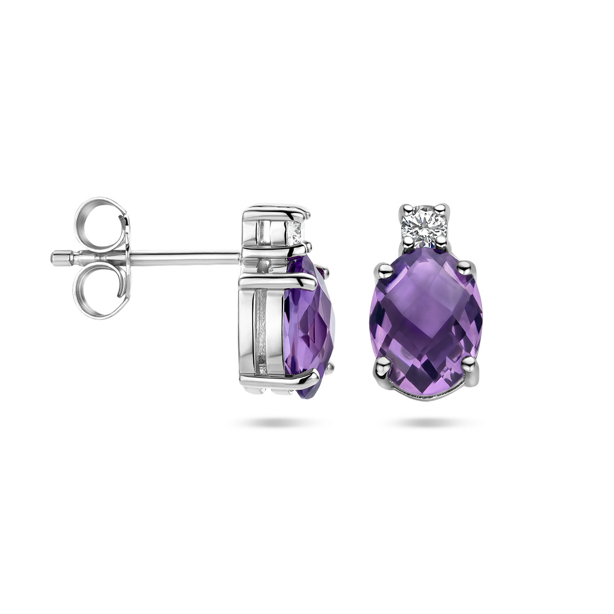 Zilveren ovale oorknoppen met paarse amethist en zirkonia - 6 mm x 10.5 mm