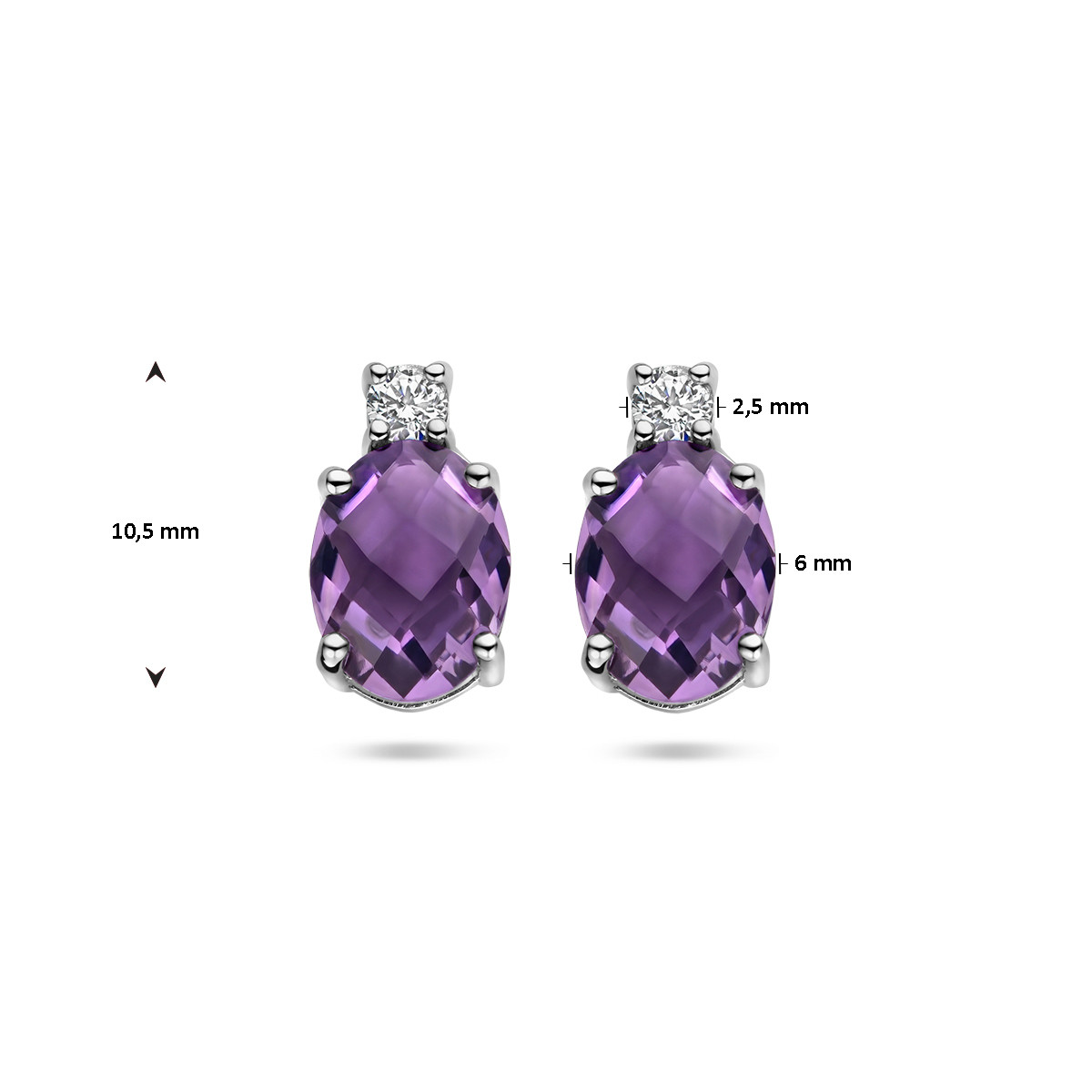 Zilveren ovale oorknoppen met paarse amethist en zirkonia - 6 mm x 10.5 mm