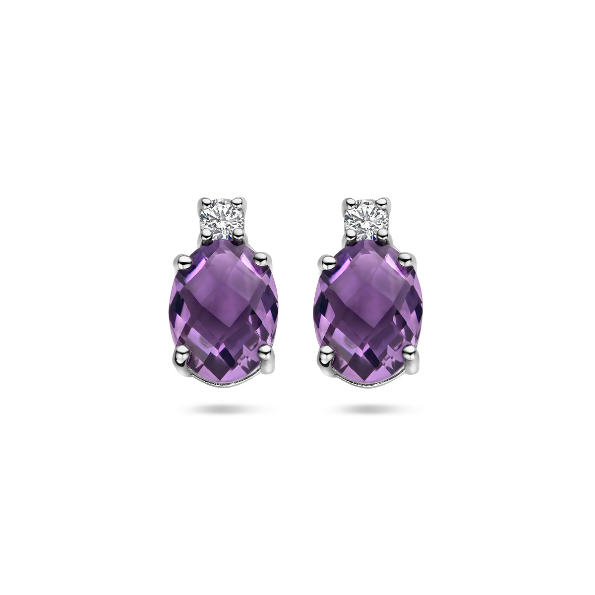 Zilveren ovale oorknoppen met paarse amethist en zirkonia - 6 mm x 10.5 mm
