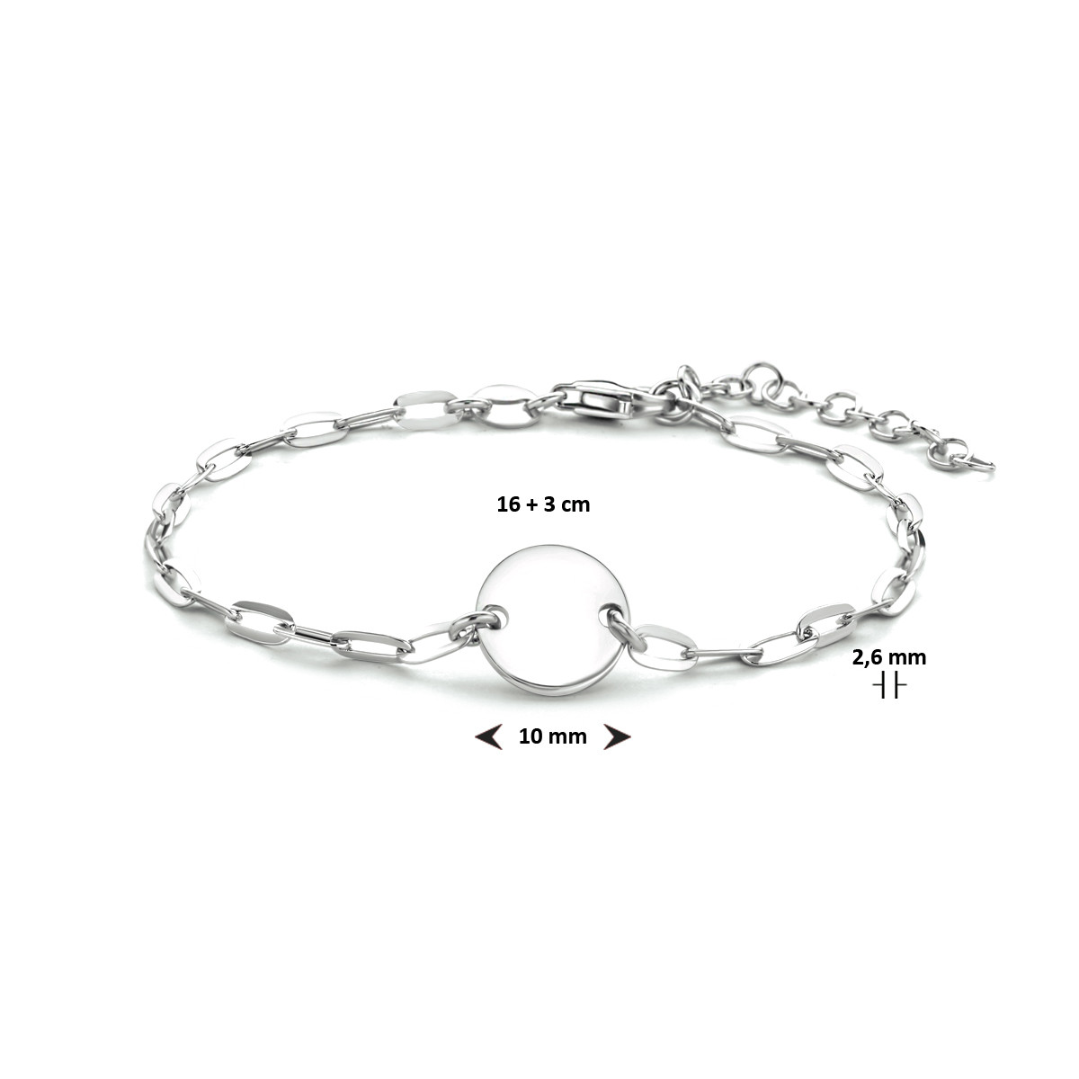 Zilveren paperclip armband met rondje - Lengte 16 + 3 cm