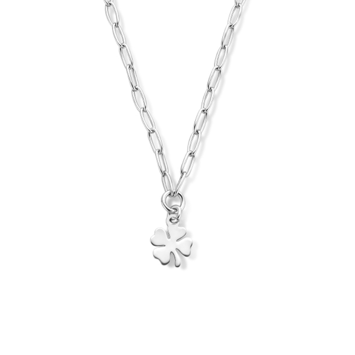 Zilveren paperclip ketting met klaver vier - Lengte 40-45 cm