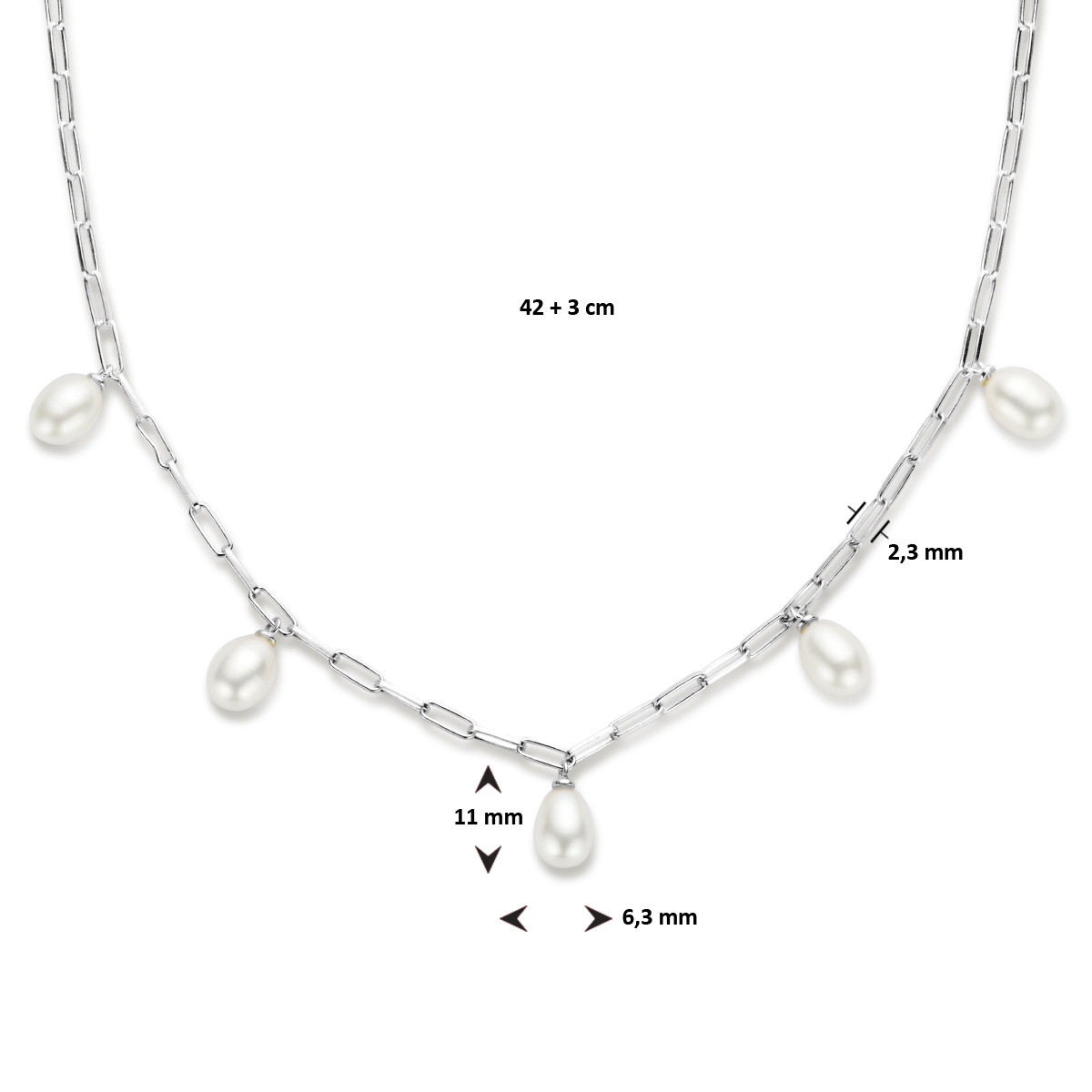 Zilveren paperclip ketting met parels - Lengte 42 + 3 cm