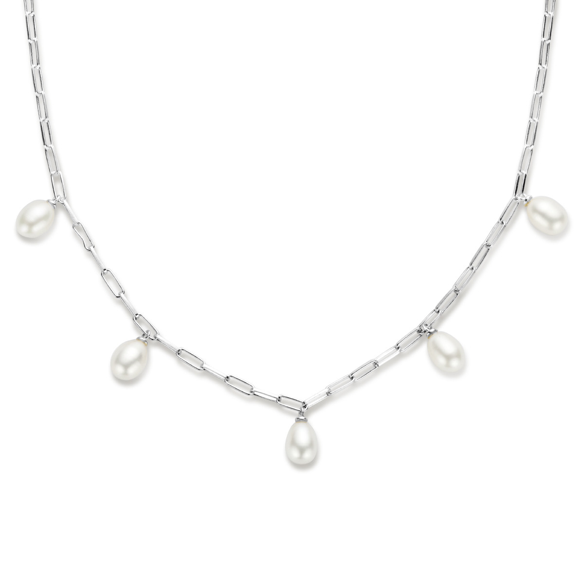 Zilveren paperclip ketting met parels - Lengte 42 + 3 cm