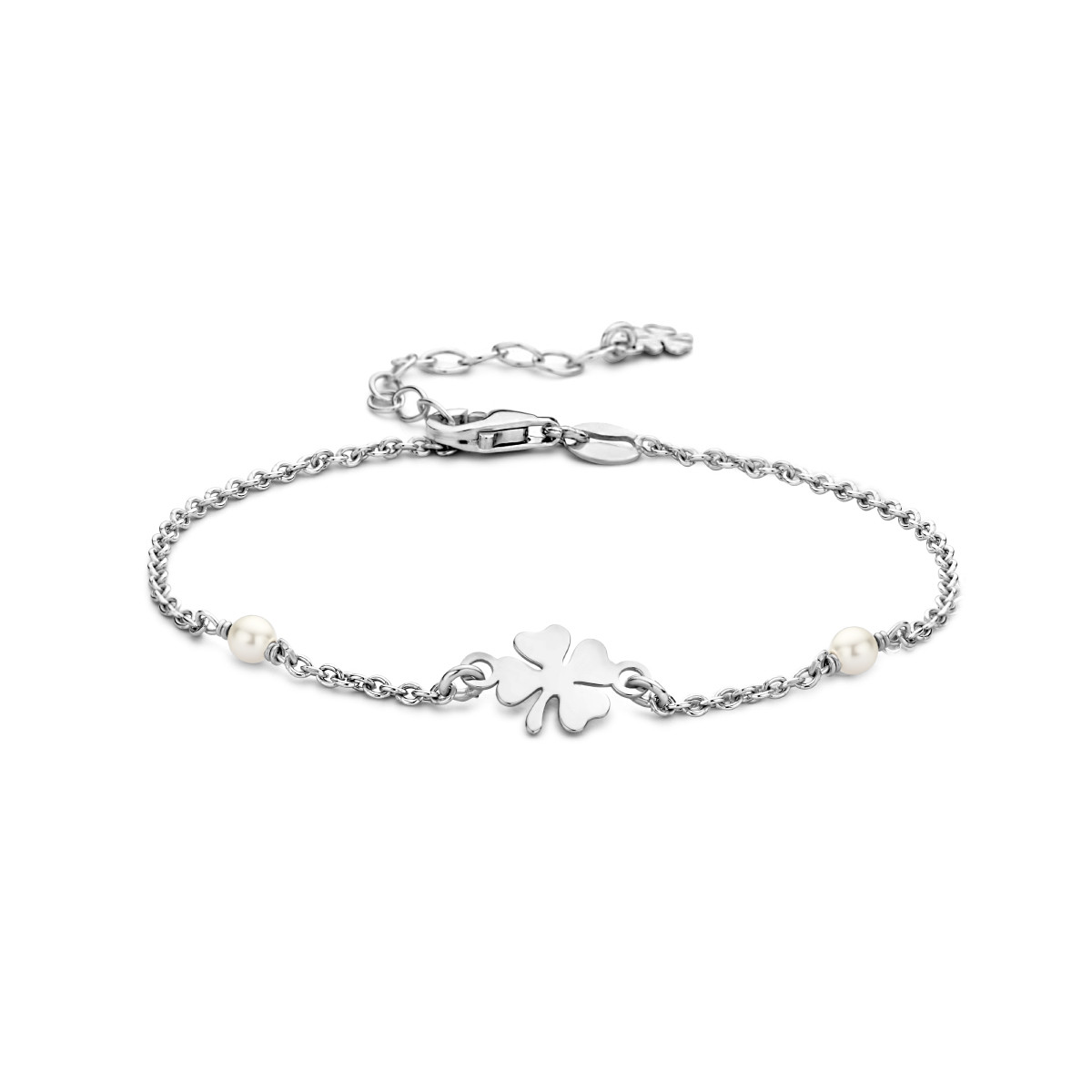 Zilveren parel armband met klavertje vier - Lengte 16 + 3 cm