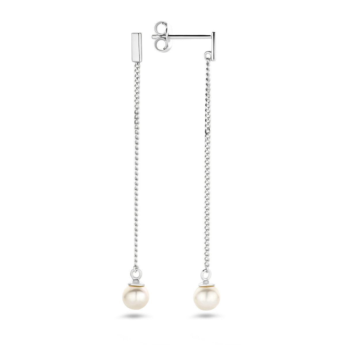 Zilveren parel oorhangers met staafjes - Lengte 50 mm