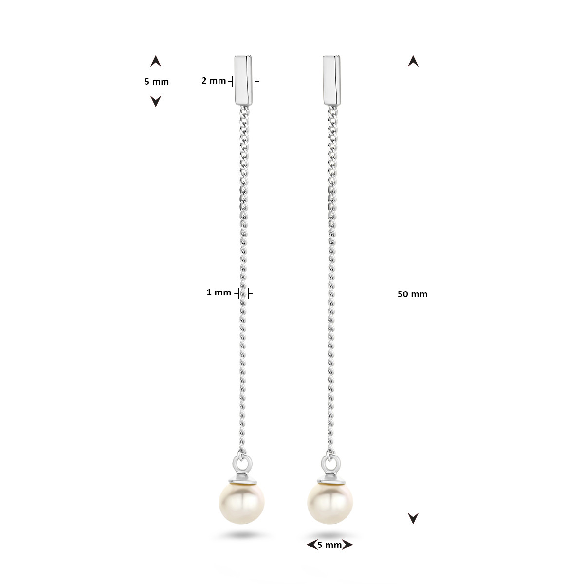 Zilveren parel oorhangers met staafjes - Lengte 50 mm
