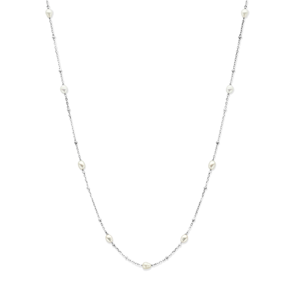 Zilveren parelketting met bolletjes en witte zoetwaterparels 4 mm breed - Lengte 41-45 cm