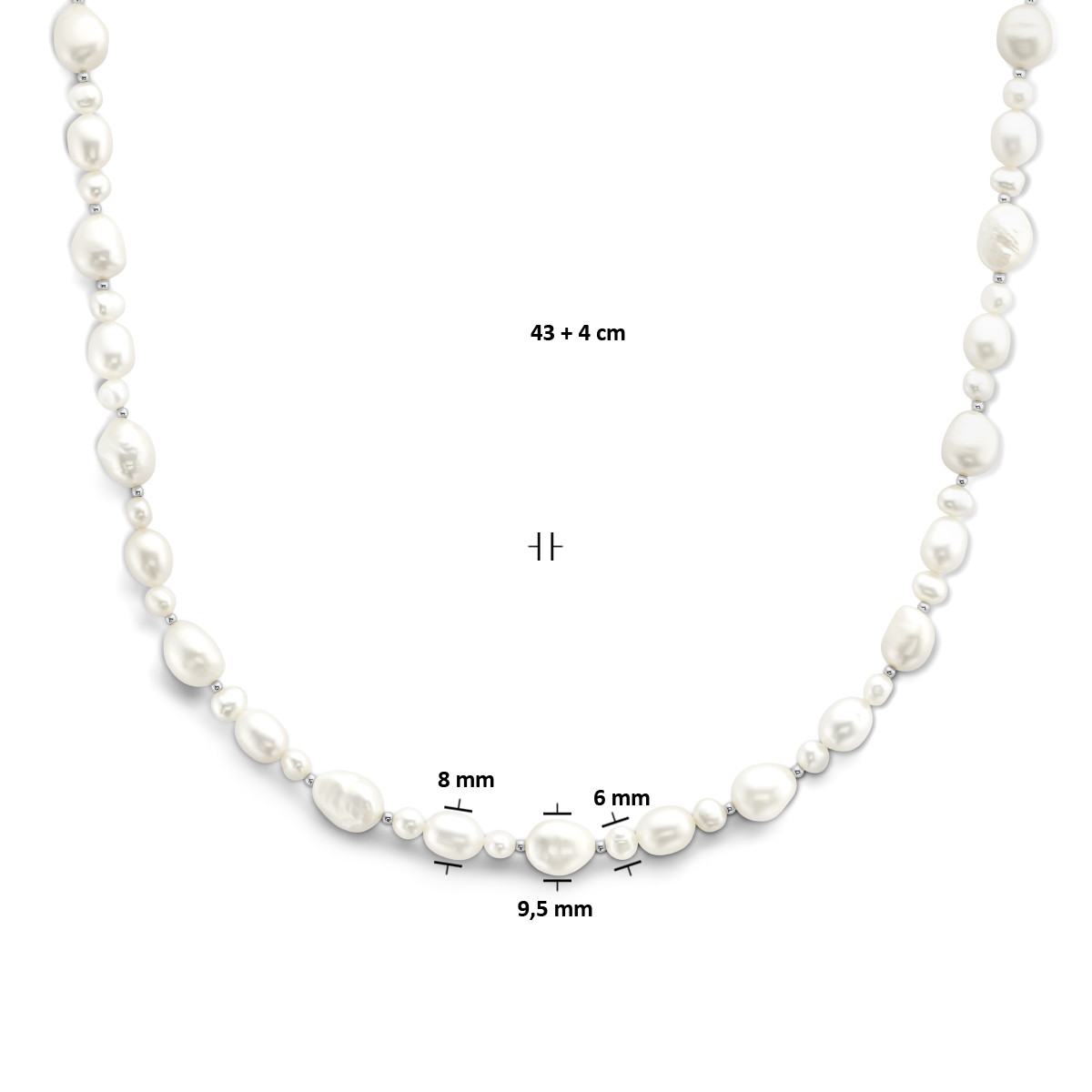 Zilveren parelketting met grote en kleine zoetwaterparels - Lengte 43 + 4 cm