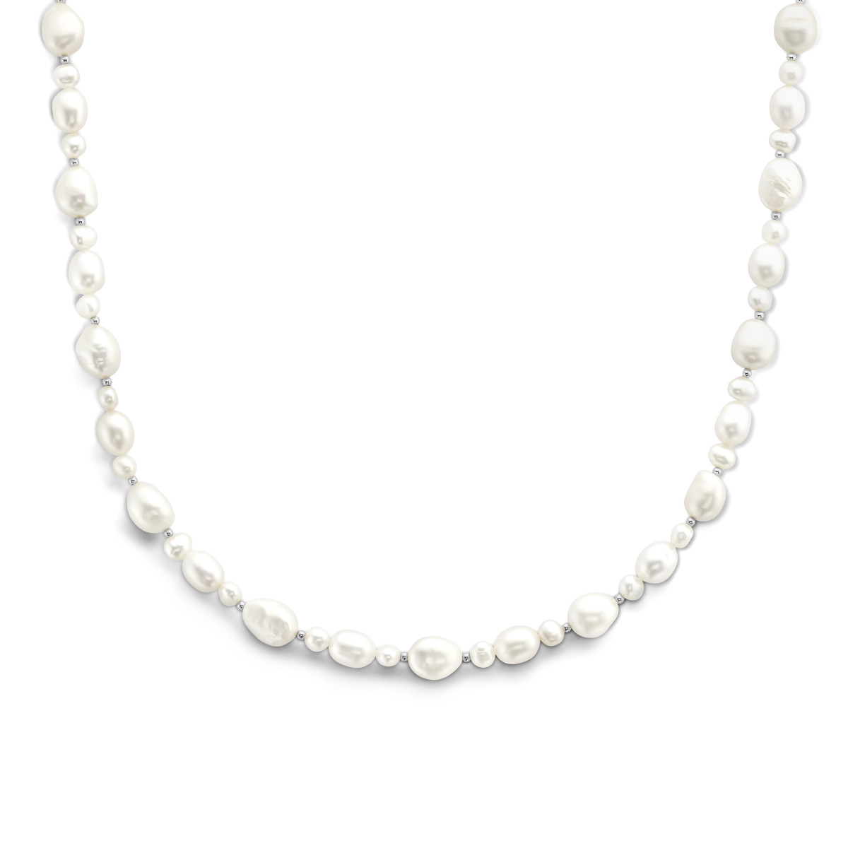 Zilveren parelketting met grote en kleine zoetwaterparels - Lengte 43 + 4 cm