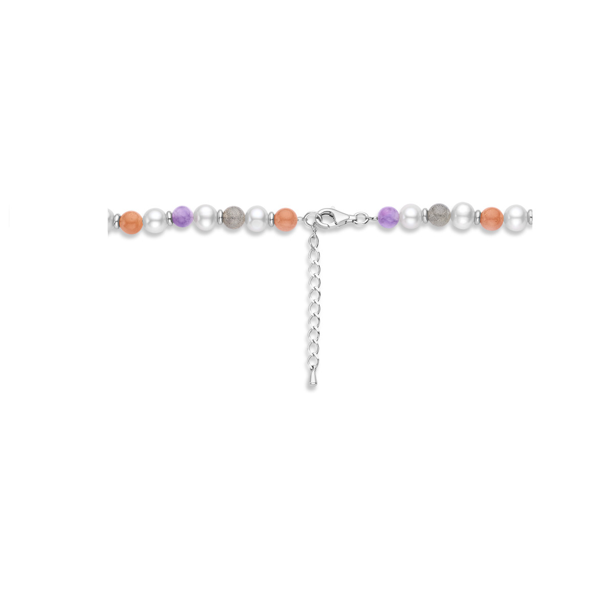 Zilveren parelketting met labradoriet, amethist en maansteen - Lengte 42-46 cm