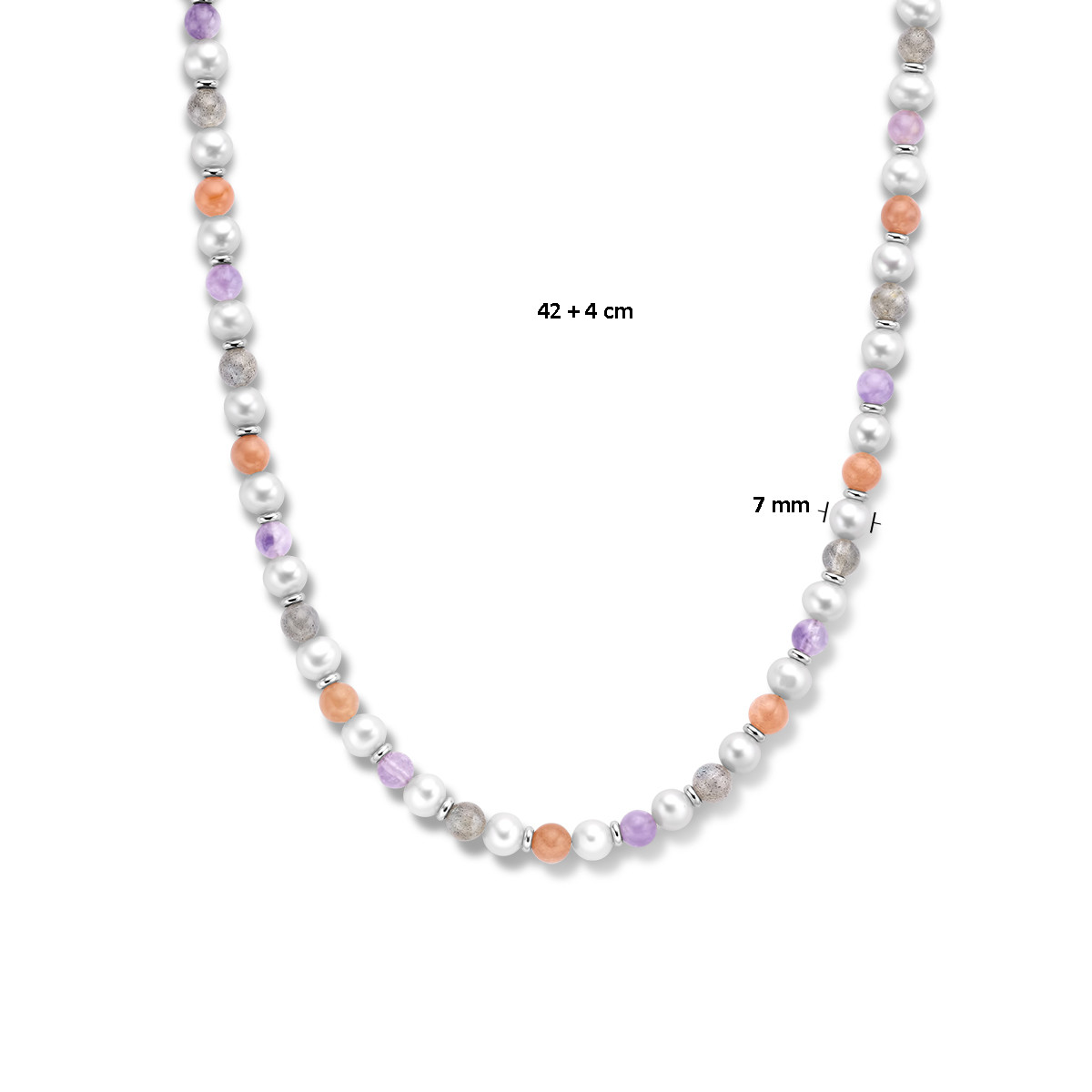 Zilveren parelketting met labradoriet, amethist en maansteen - Lengte 42-46 cm